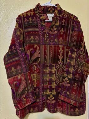 Coldwater Creek Burgundy Jacket with Gold and Plum Floral Tapestry
